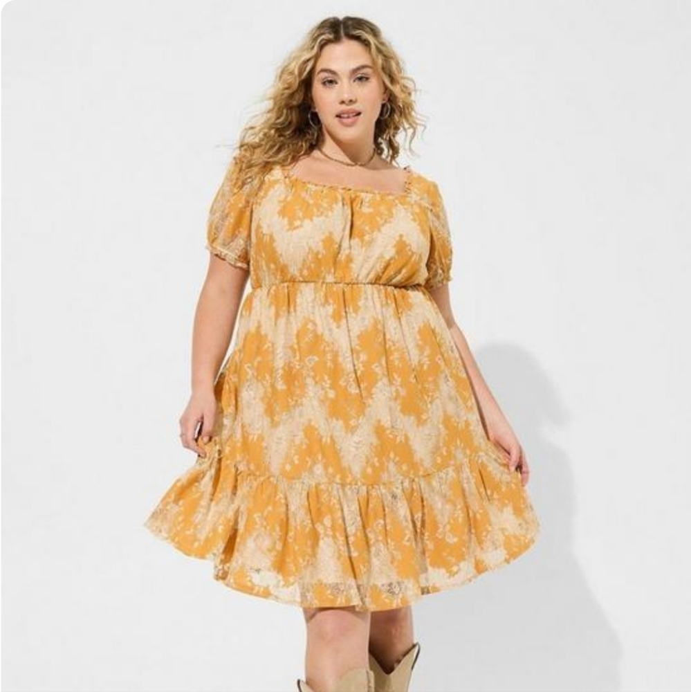torrid Yellow and Cream Floral Puff-Sleeve Mini Dress